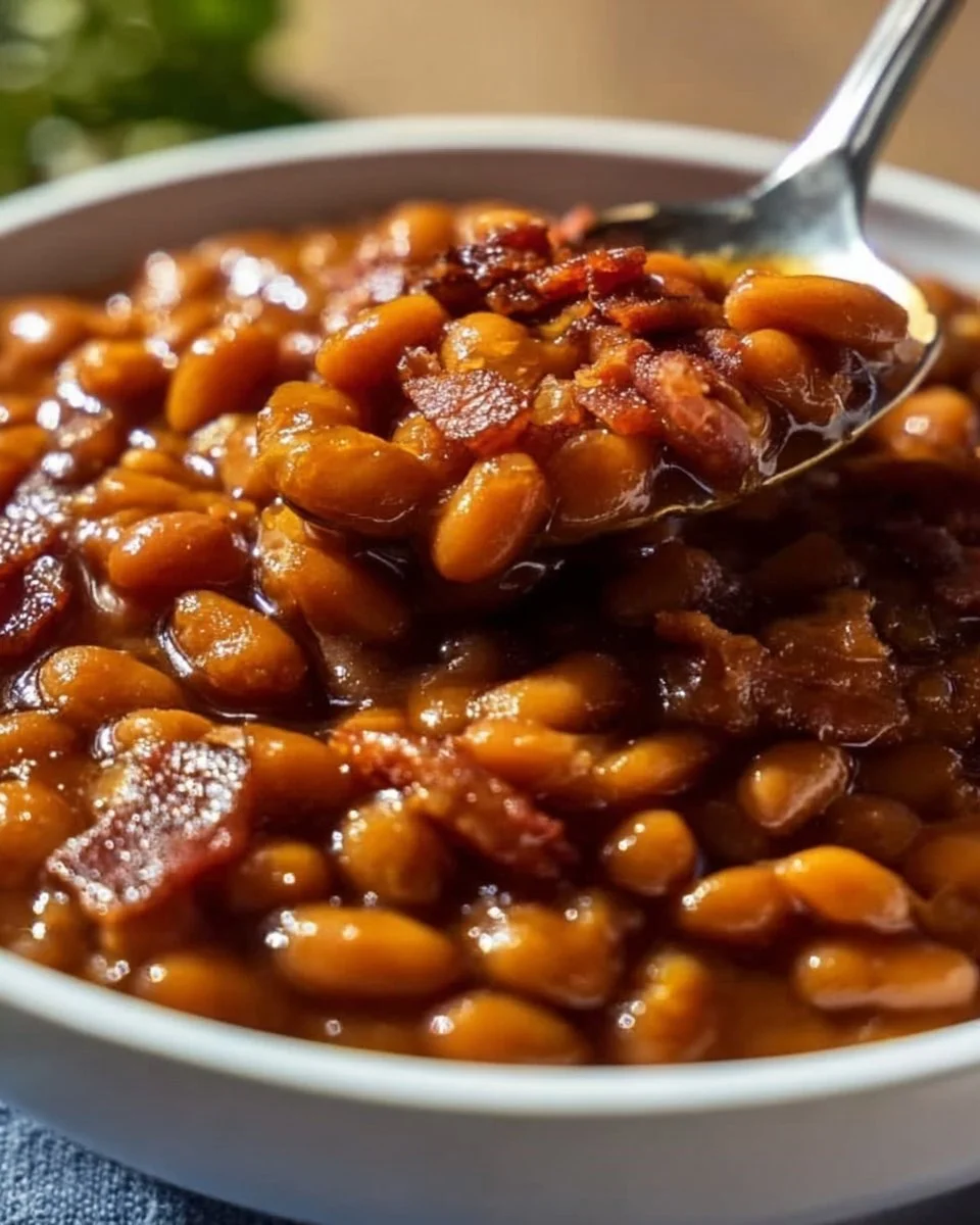 Delicious crockpot baked beans served in a bowl, perfect for gatherings.
