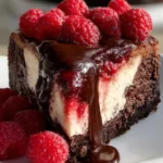Delicious dark chocolate raspberry cheesecake slice with fresh raspberries