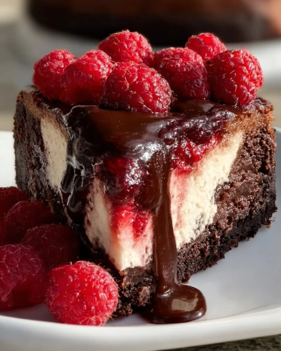 Delicious dark chocolate raspberry cheesecake slice with fresh raspberries