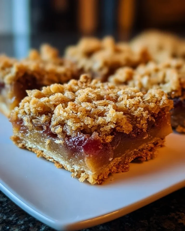 Delicious Amish Oatmeal Rhubarb Bars with a crumbly oatmeal topping