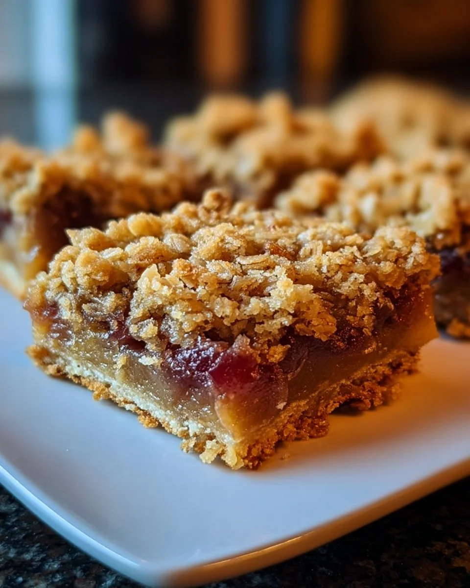 Delicious Amish Oatmeal Rhubarb Bars with a crumbly oatmeal topping