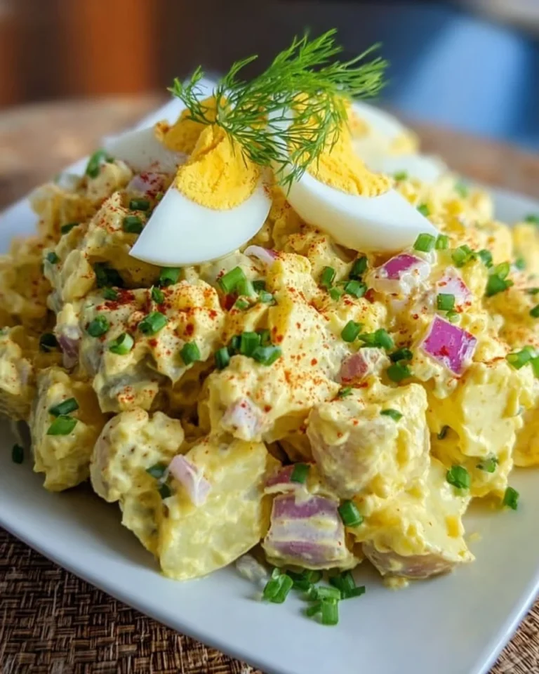 Delicious deviled egg potato salad in a bowl garnished with herbs.