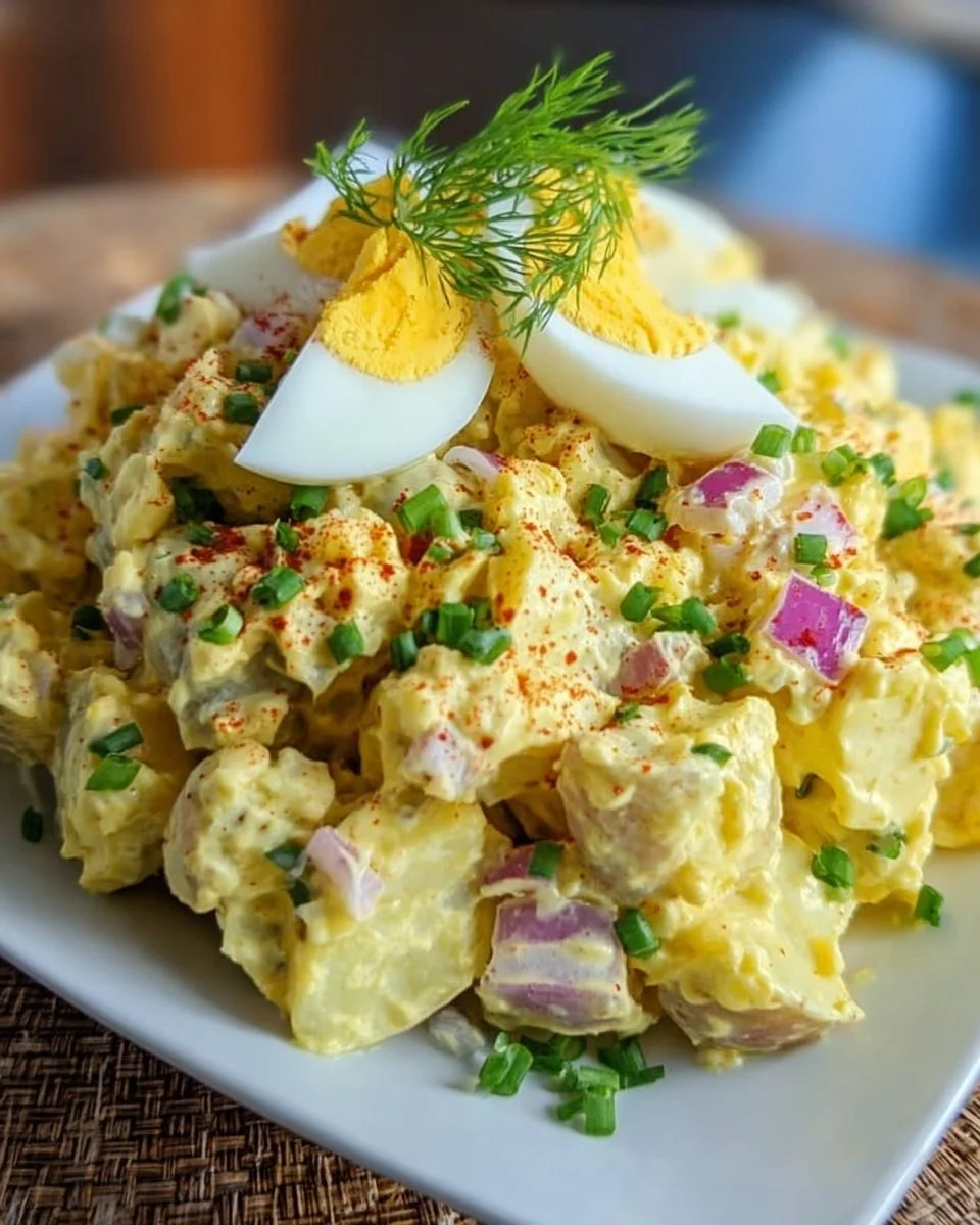 Delicious deviled egg potato salad in a bowl garnished with herbs.