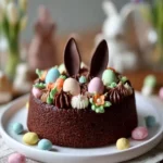 Easter Chocolate Bunny Cake decorated with chocolate bunnies and colorful sprinkles