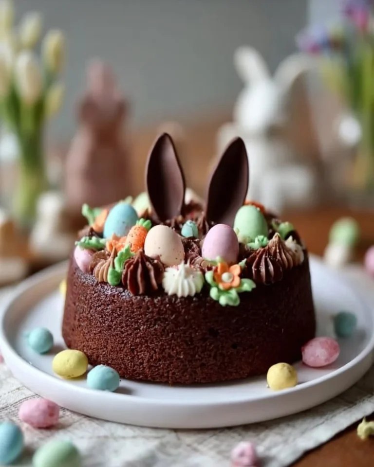 Easter Chocolate Bunny Cake decorated with chocolate bunnies and colorful sprinkles