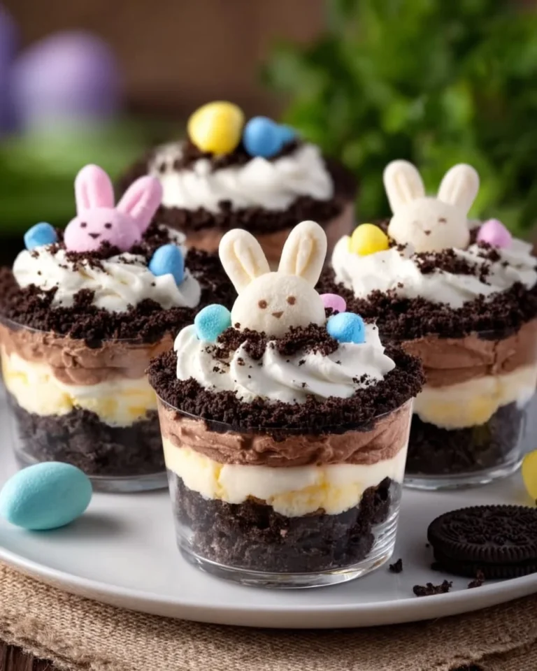 Colorful Easter Dirt Cups with chocolate pudding and gummy worms