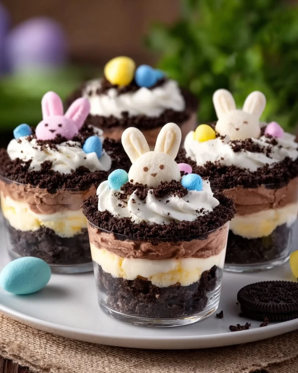 Colorful Easter Dirt Cups with chocolate pudding and gummy worms