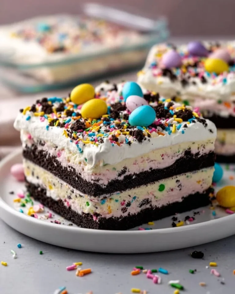 Easter Oreo Lush dessert with layers of Funfetti and cream