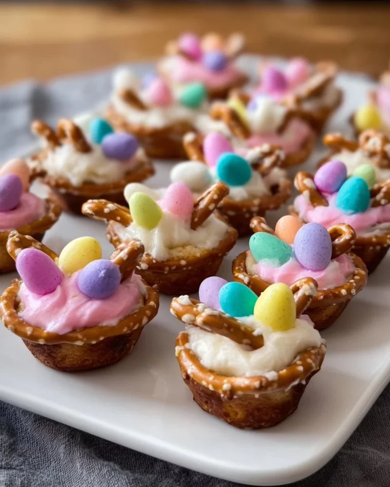 Easter Pretzel Mini Cupcakes decorated with pastel colors and chocolate