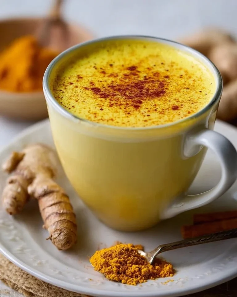A steaming cup of golden milk topped with spices on a wooden table