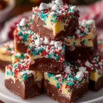 Delicious easy Christmas fudge topped with colorful sprinkles