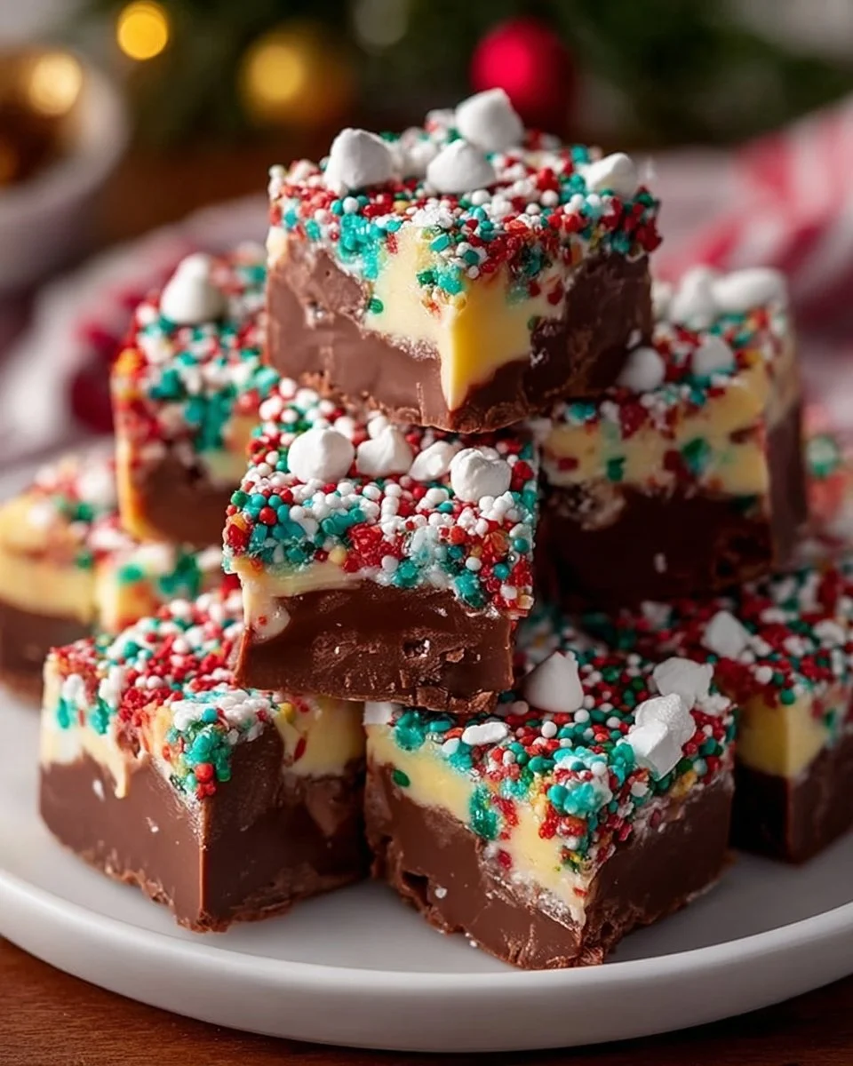 Delicious easy Christmas fudge topped with colorful sprinkles