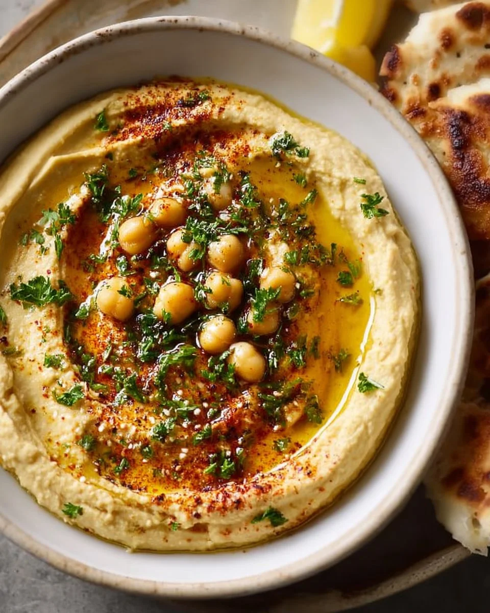 Bowl of easy homemade hummus served with pita and vegetables