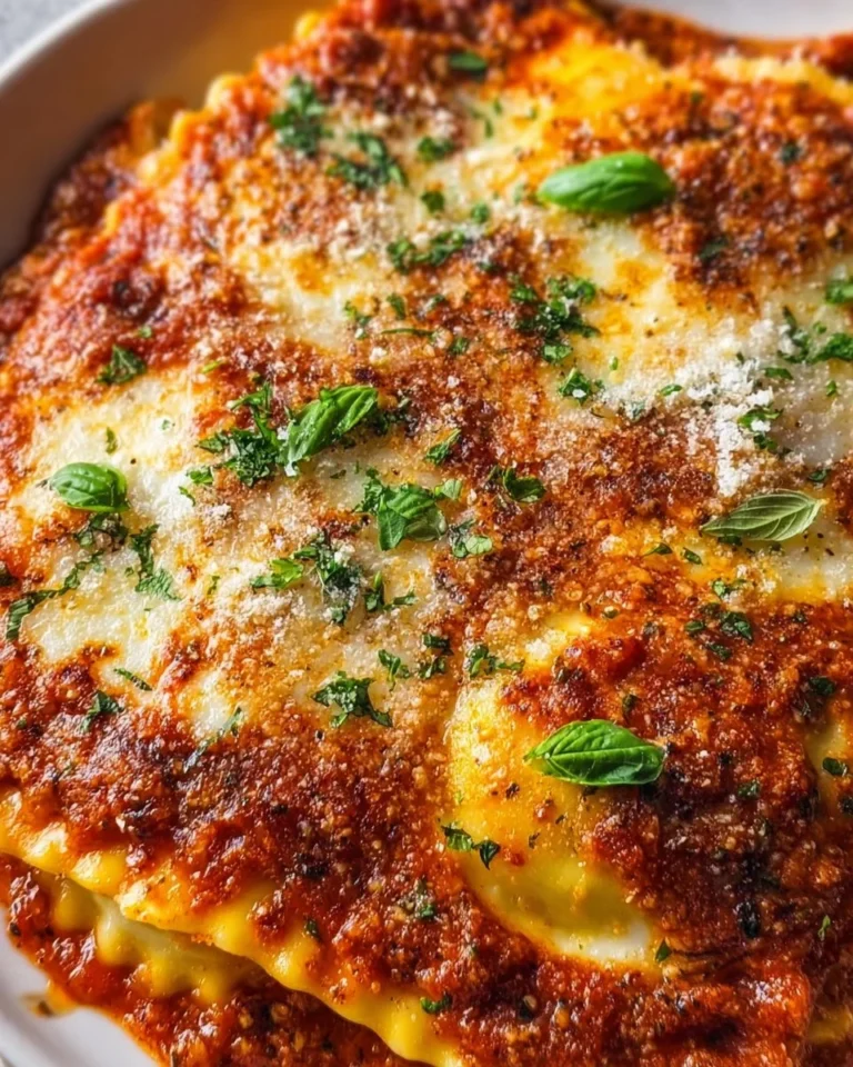 Easy ravioli lasagna layered with cheese and marinara sauce.