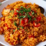 Bowl of easy Spanish rice garnished with herbs and spices.