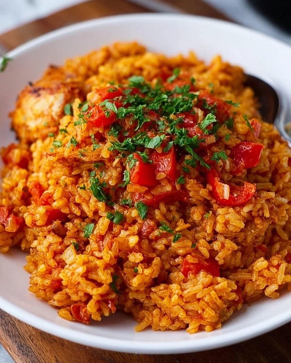 Bowl of easy Spanish rice garnished with herbs and spices.