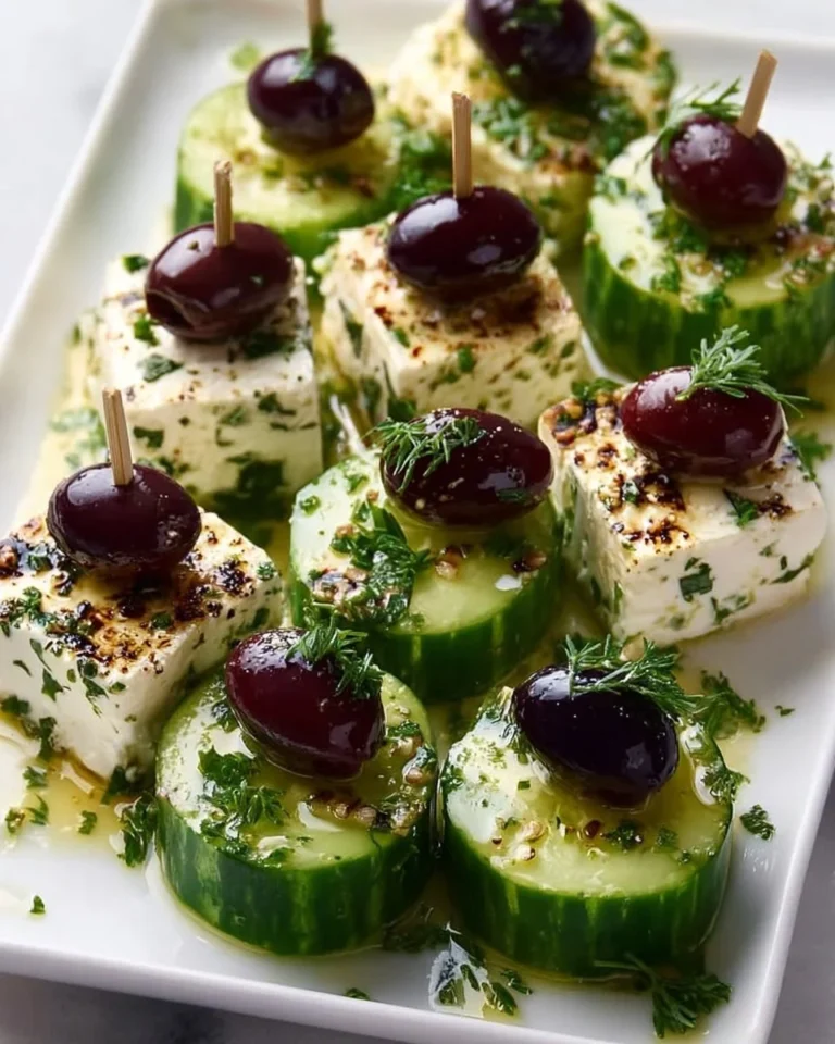 Delicious feta cucumber bites garnished for a healthy appetizer.