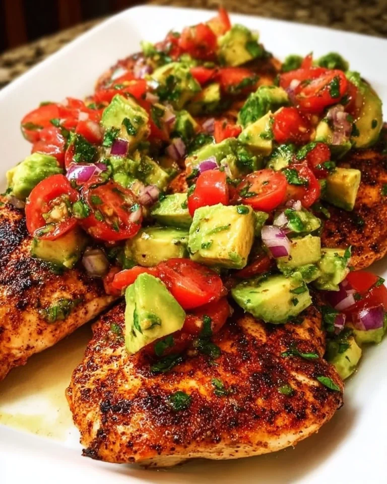 Plate of Fiesta Lime Chicken garnished with avocado salsa