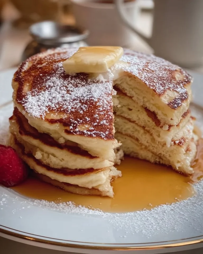 Stack of fluffy buttermilk pancakes topped with syrup and berries