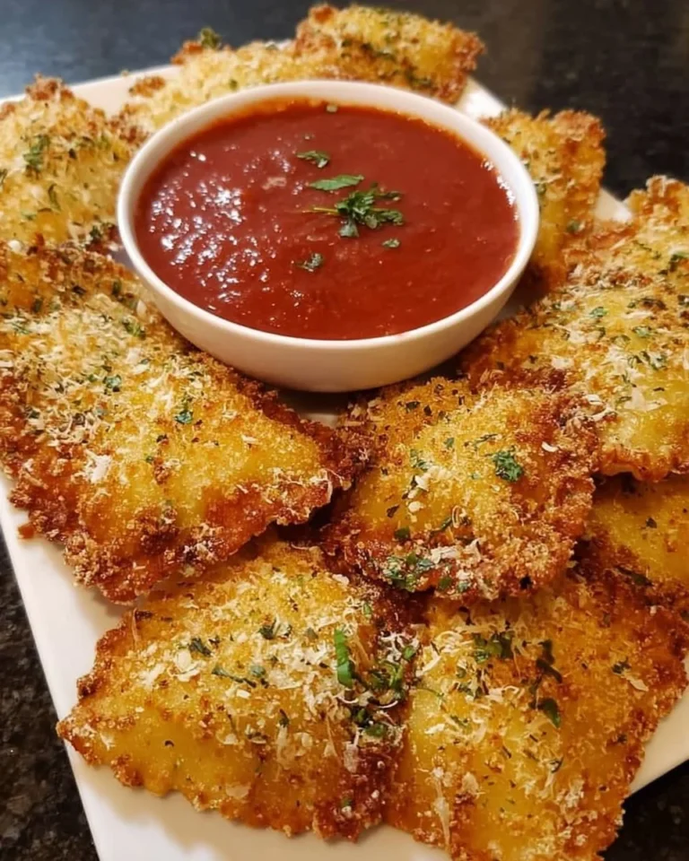 Plate of crispy golden Fried Ravioli garnished with herbs and served with marinara sauce.