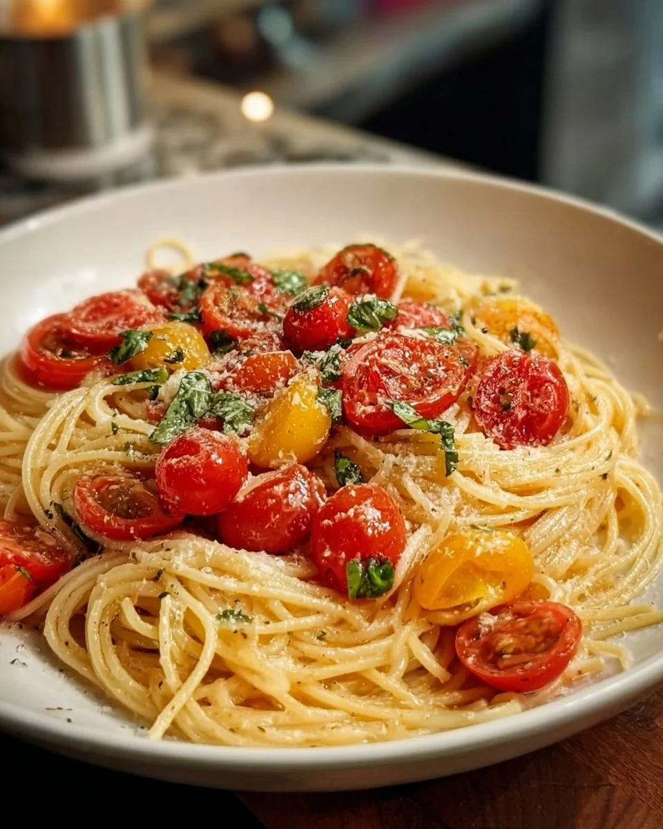 Delicious Garlic Butter Tomato Pasta served in a bowl with fresh herbs