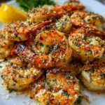 Plate of Garlic Parmesan Roasted Shrimp garnished with parsley