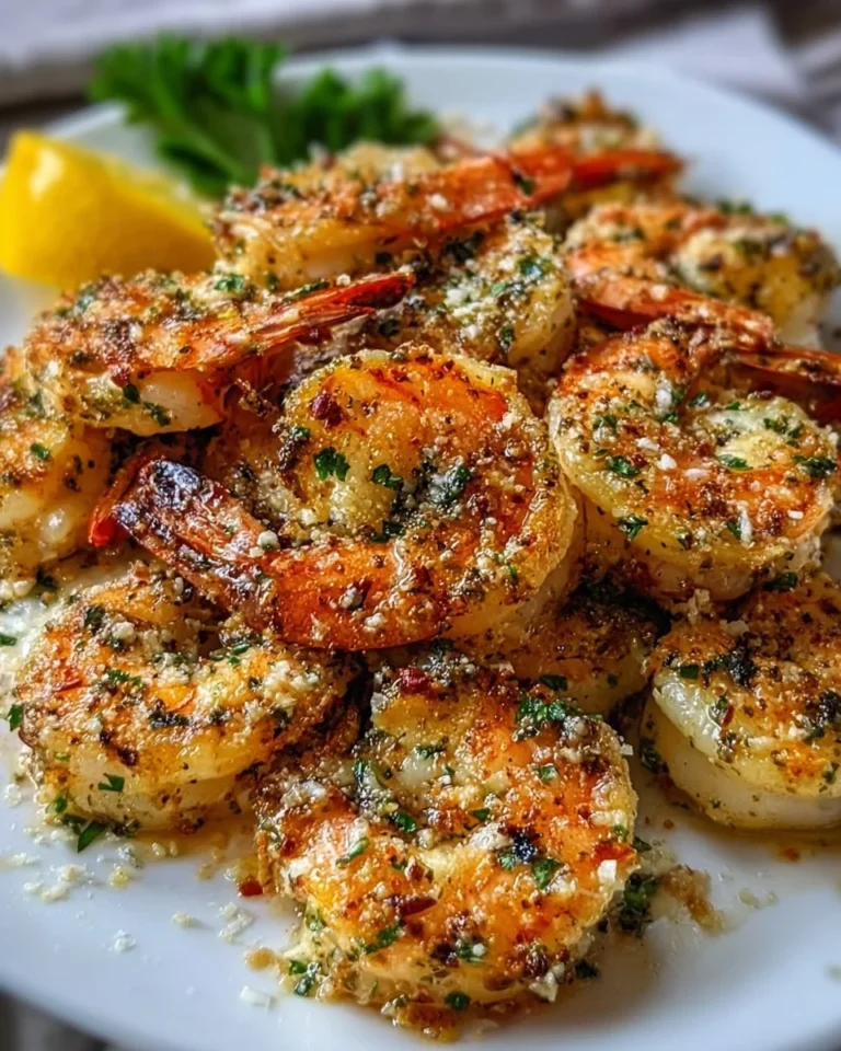 Plate of Garlic Parmesan Roasted Shrimp garnished with parsley
