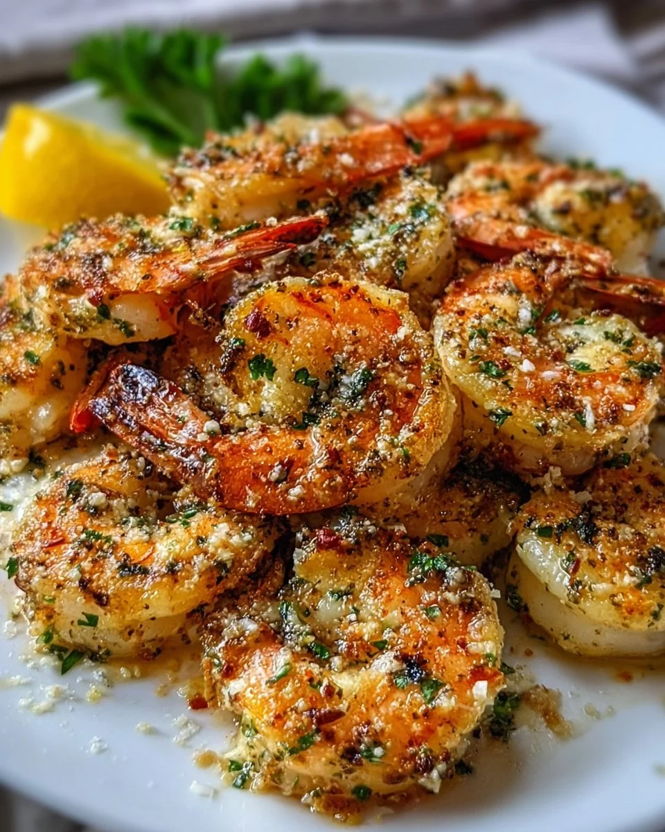Plate of Garlic Parmesan Roasted Shrimp garnished with parsley