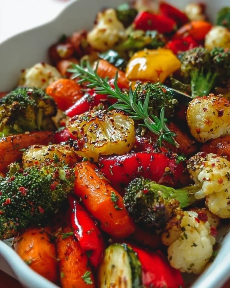 Plate of garlic roasted vegetables with colorful peppers and carrots