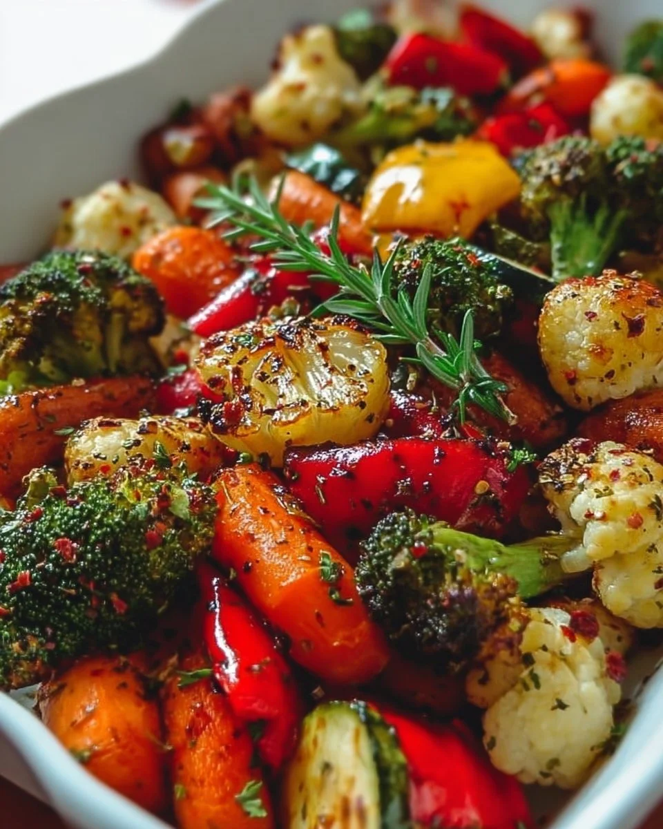 Plate of garlic roasted vegetables with colorful peppers and carrots