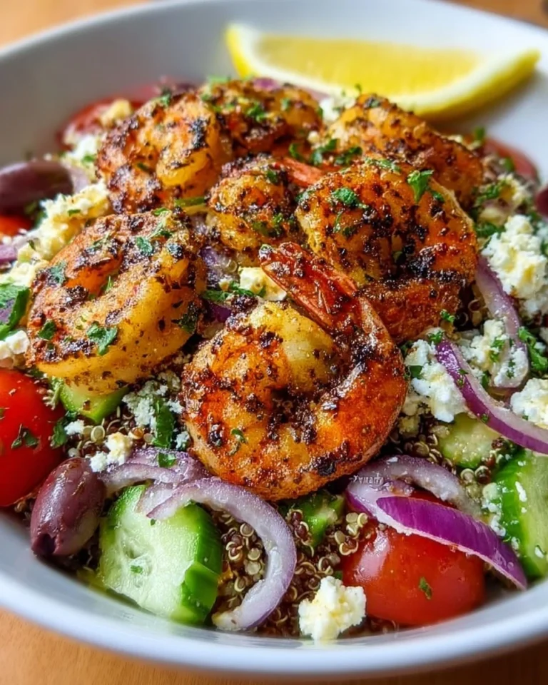 Delicious Greek Shrimp Mediterranean Bowl with fresh vegetables and seasonings.