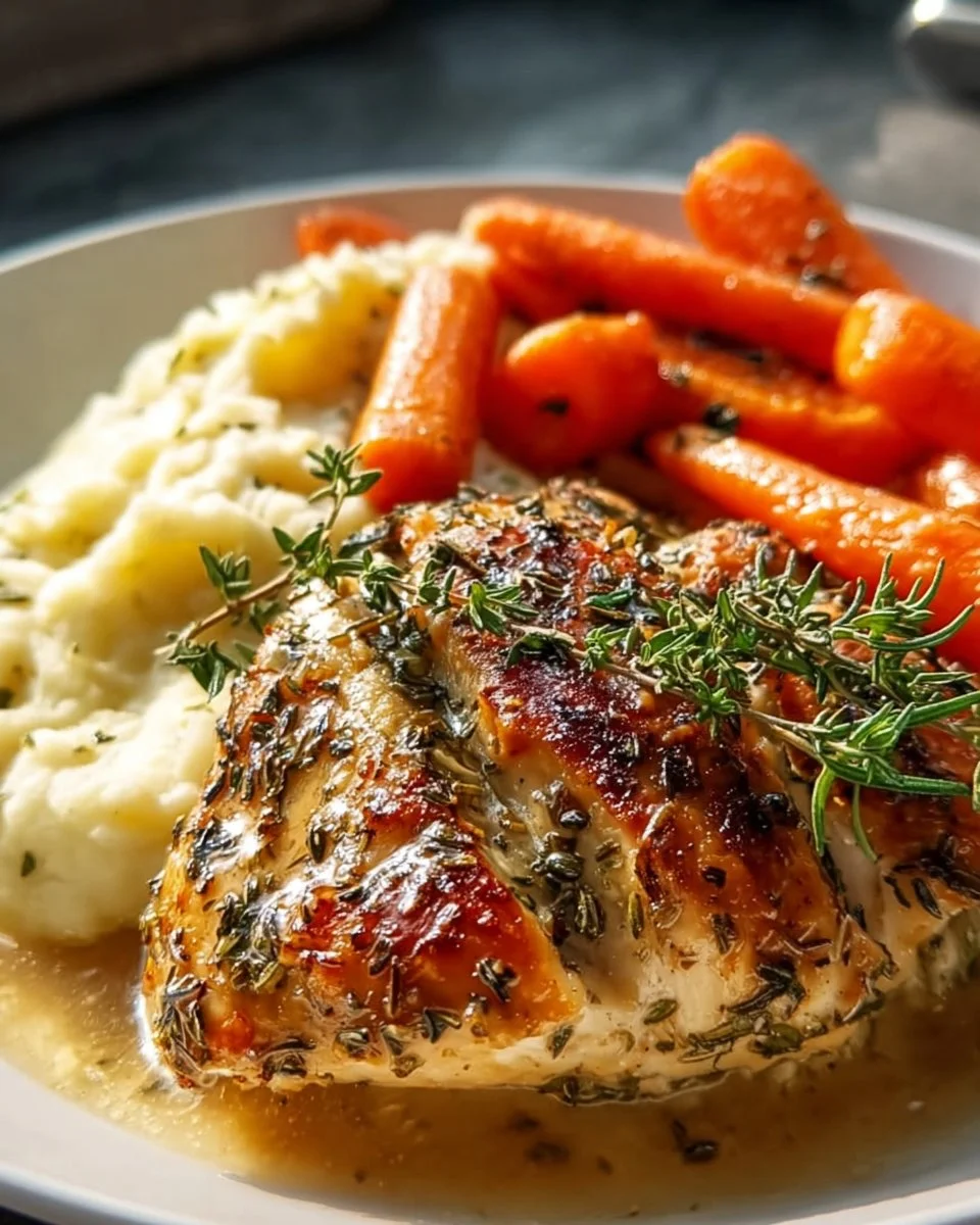 Plate of herb chicken with mashed potatoes and glazed carrots