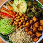 High Protein Buddha Bowl with quinoa, vegetables, and a tasty dressing