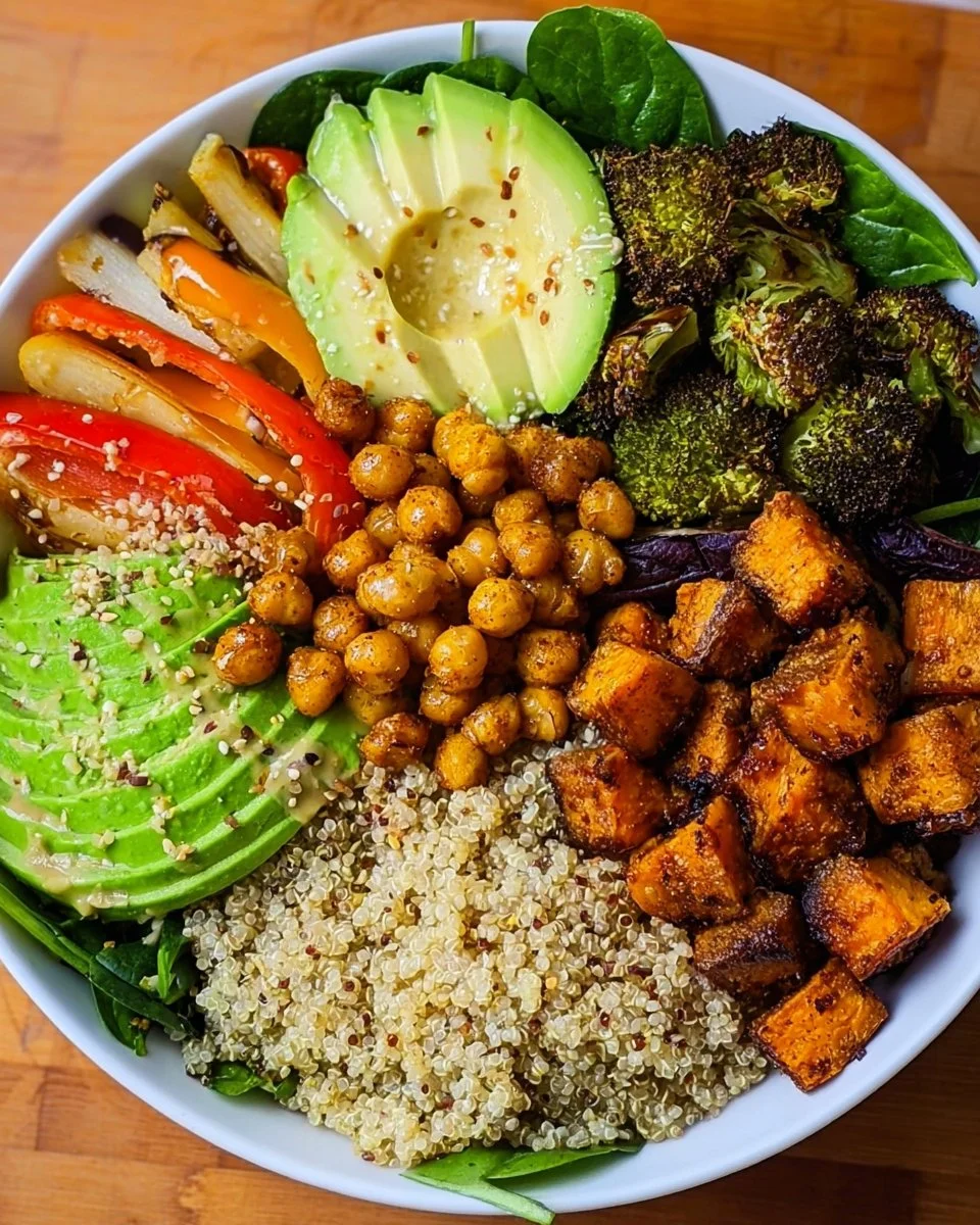 High Protein Buddha Bowl with quinoa, vegetables, and a tasty dressing
