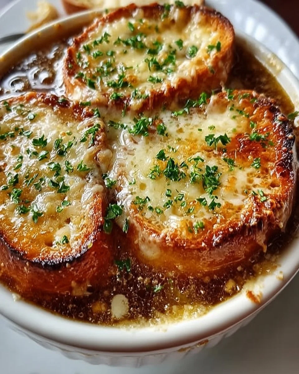 Bowl of homemade French onion soup with melted cheese on top