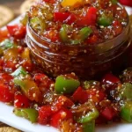 Delicious homemade pepper jam in a jar with fresh peppers
