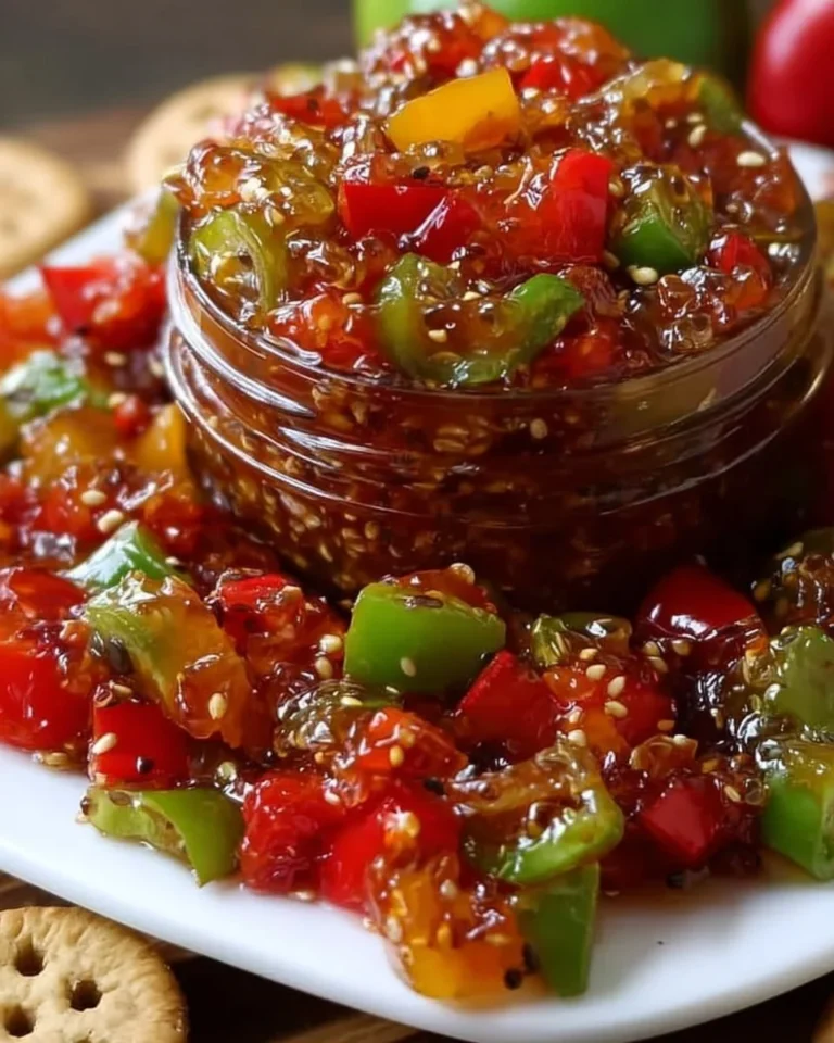 Delicious homemade pepper jam in a jar with fresh peppers