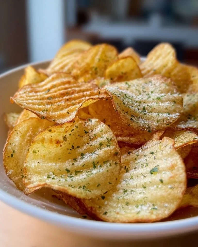 Homemade wavy garlic herb potato chips on a plate