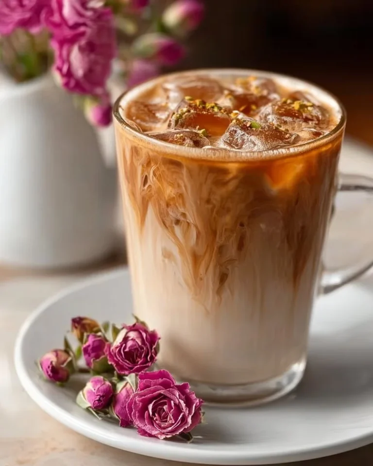 Iced Cardamom Rose Latte in a glass with rose petals and cardamom on a wooden table