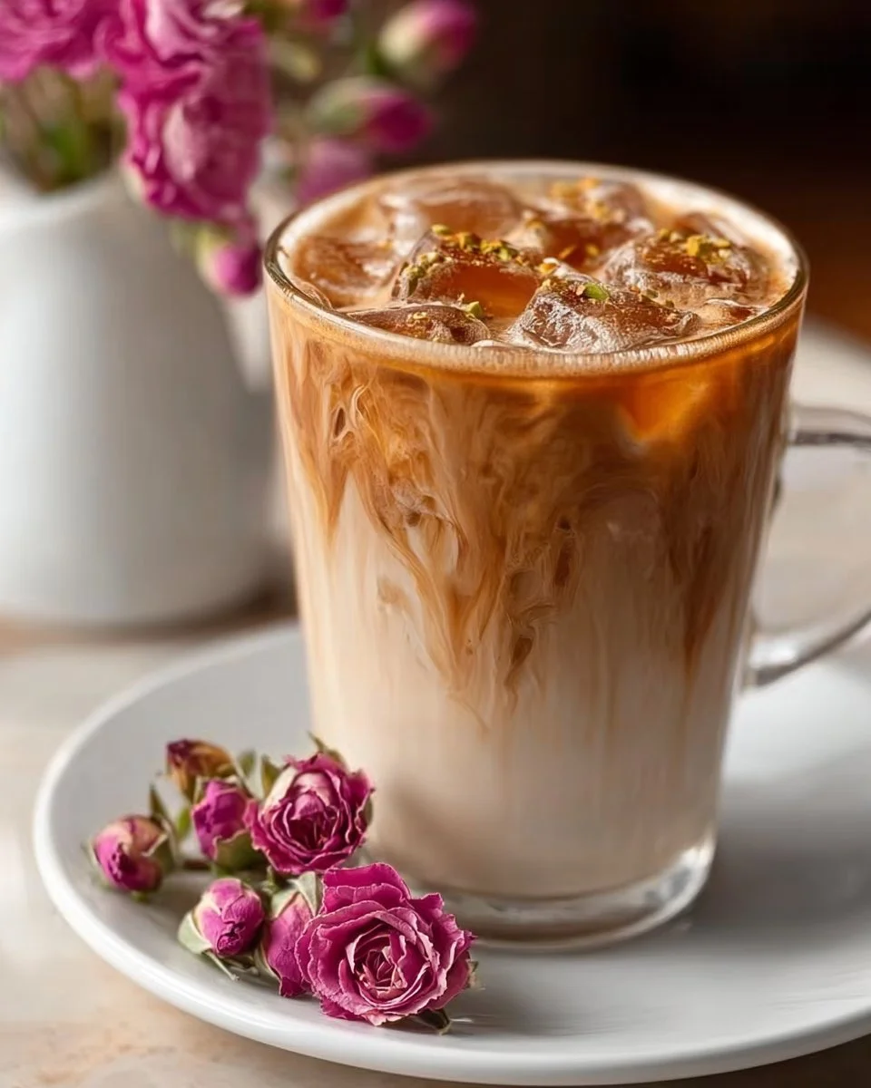 Iced Cardamom Rose Latte in a glass with rose petals and cardamom on a wooden table