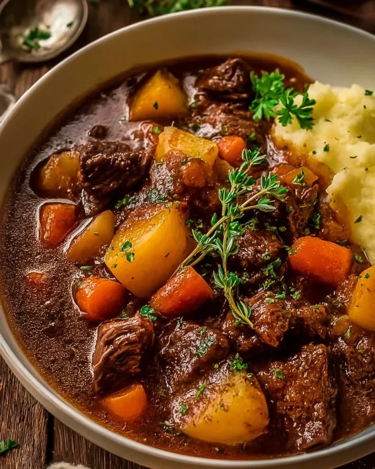 Bowl of hearty Irish Guinness Beef Stew garnished with herbs