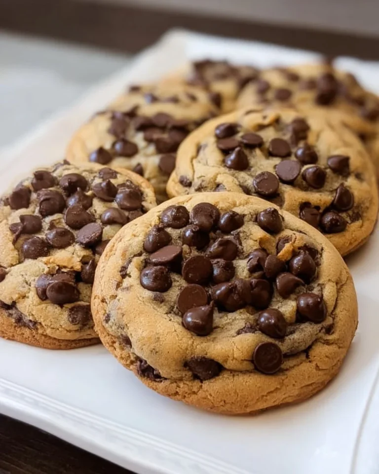 Freshly baked jumbo chocolate chip cookies stacked on a plate