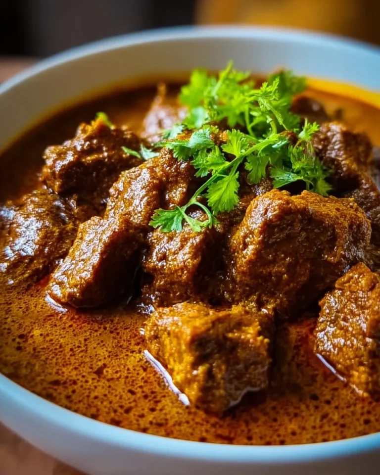 Delicious homemade lamb curry served with rice and garnished with cilantro.