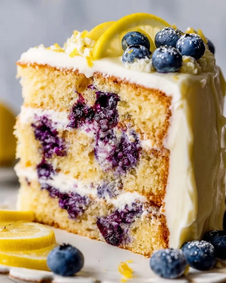 Delicious Lemon Blueberry Layer Cake with layers of lemon and blueberry frosting