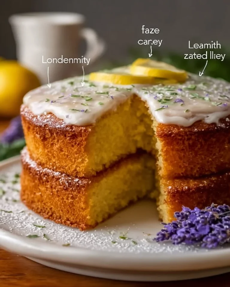 Lemon Lavender Spring Cake garnished with lavender flowers and lemon slices