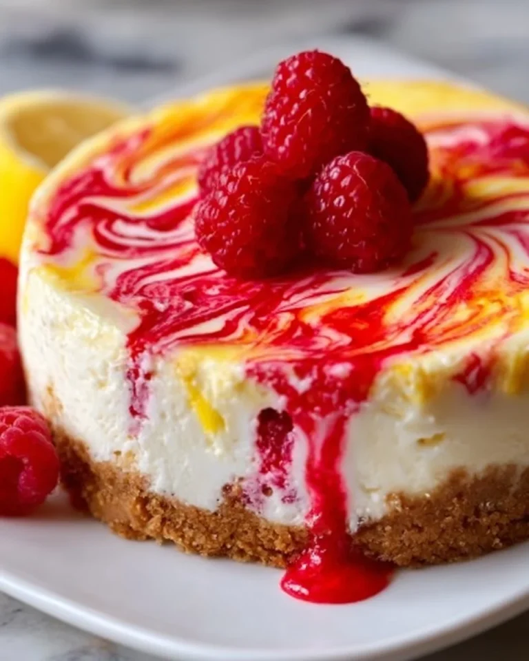 Delicious Lemon Raspberry Swirl Cheesecake topped with fresh raspberries.
