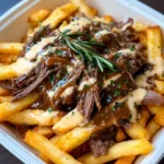 Plate of loaded beef gravy fries topped with cheese and herbs