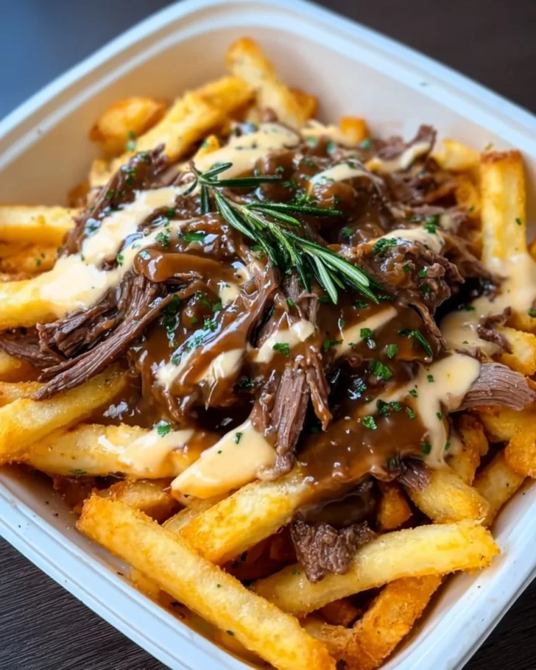 Plate of loaded beef gravy fries topped with cheese and herbs