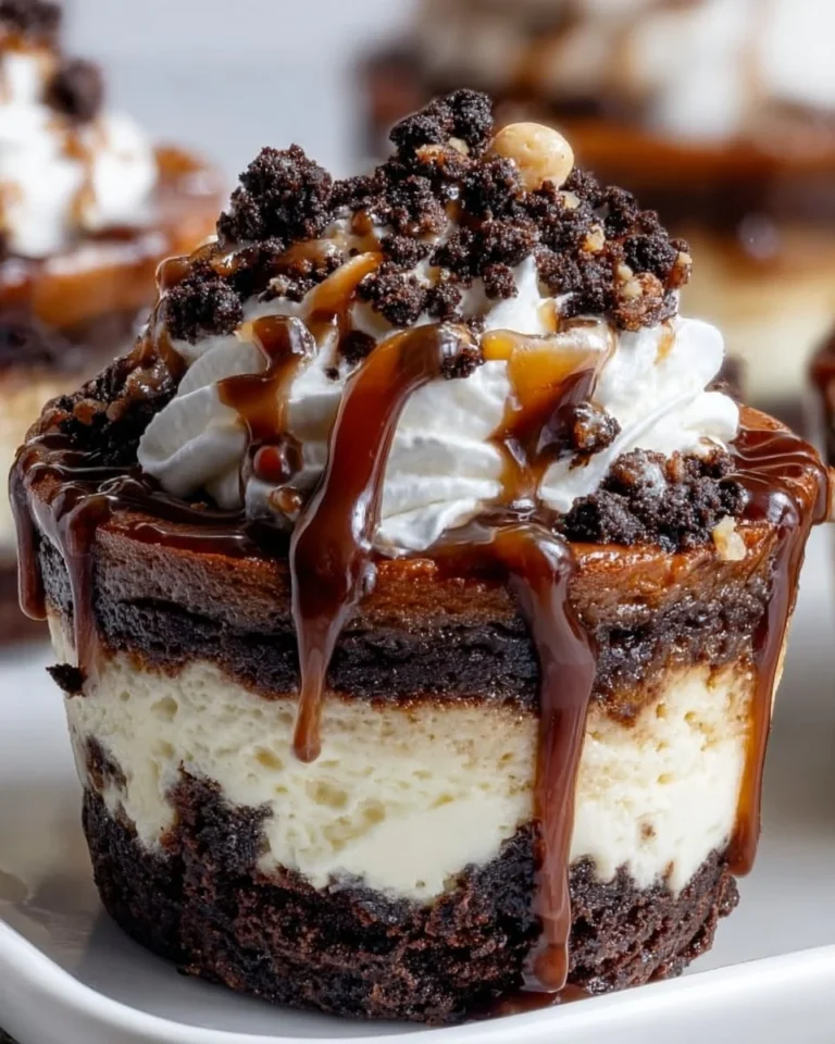 Loaded brownie cheesecake cup topped with chocolate drizzle and whipped cream