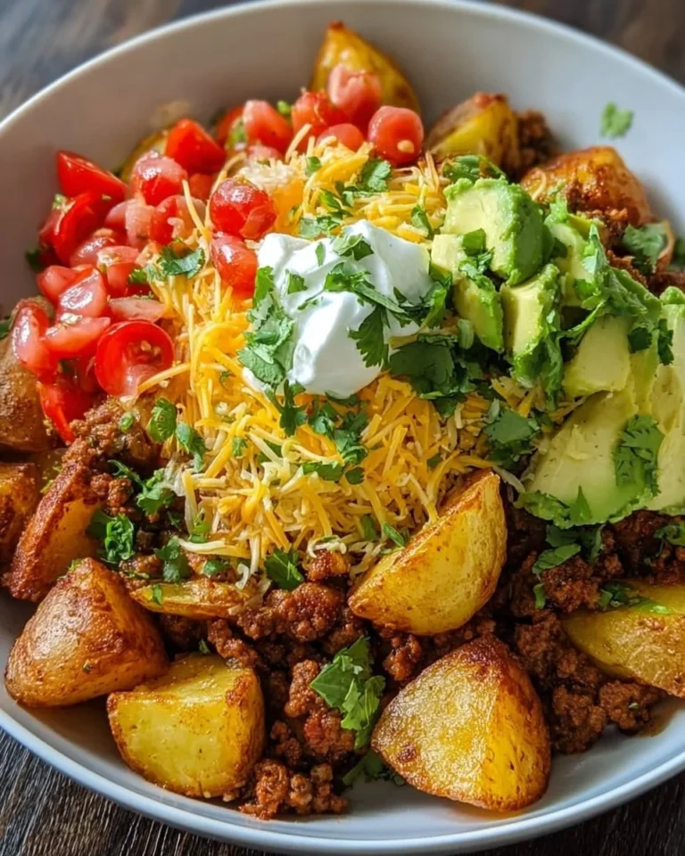 Delicious Loaded Potato Taco Bowl with crispy potatoes and vibrant toppings